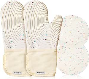 Silicone Oven Mitts Pair,Oven Gloves, BPA-Free, Long Cooking Mitts,Cute Oven Mitts and Pot Holders Sets for BBQ, 4 Pieces (Milky White)